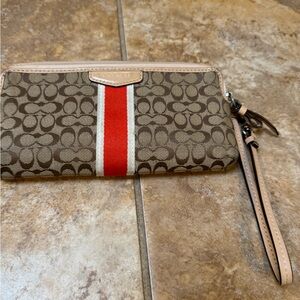 Coach Brown Wristlet with Red and White Stripe